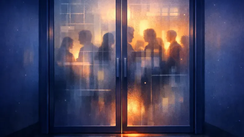 multiplied reflections on a fogged glass door hiding the real room The Glass-Wall Vigil
