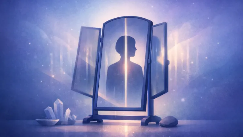 one steady reflection aligned with a single guiding line while the rest becomes background The Mirror That Advises, Not Accuses