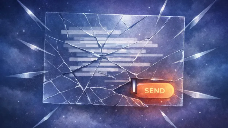 layered draft-lines grinding in place around a blinking cursor at “send” The Pixel-Perfect Trap