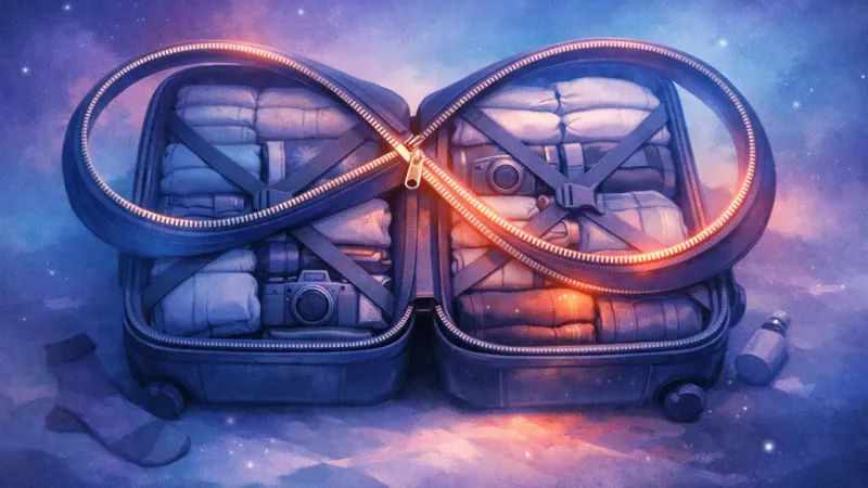 the zipper path looping like an infinity sign while identical items are packed in mirrored duplicates The Suitcase That Can’t Be Done