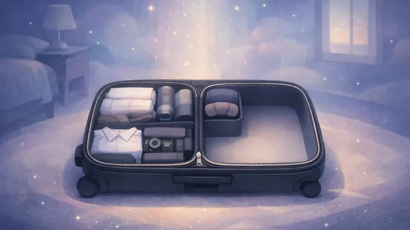 one continuous zipper seam aligned with a single clear packing boundary, leaving deliberate empty space The Finite Ritual