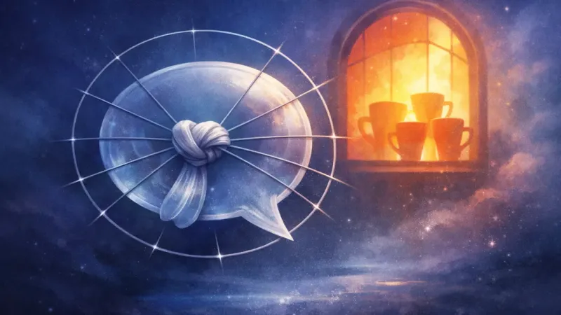 the knotted chat bubble held motionless by an evenly spaced ring of blade-thin bands just outside the glowing window The Warmth Behind Glass