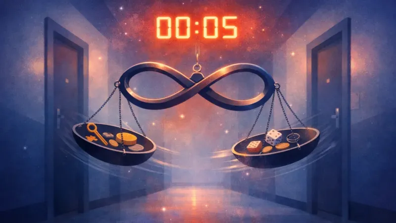 a figure-eight scale oscillating under a hard countdown glow The Deadline Juggle