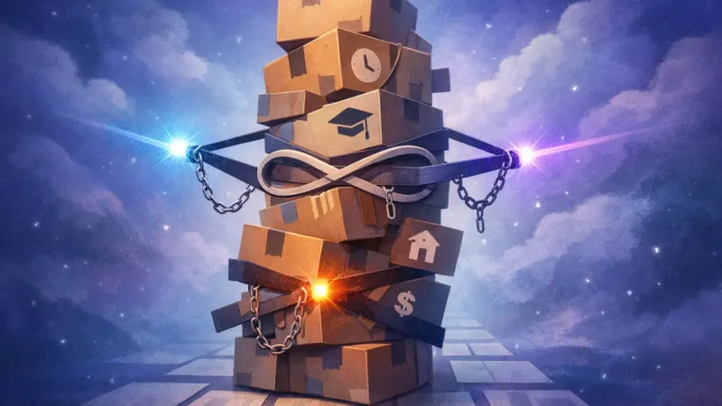 a blind, teetering box tower pulled in multiple directions by identical flashing tugs The Blind Stack of Duties