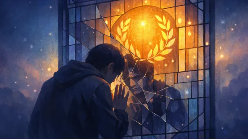 a laurel-haloed praise block glowing behind glass while a fractured reflection stares back from the cold side The Window of Applause