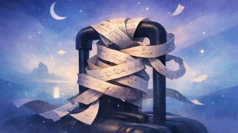 a carry-on handle cinched by an infinite ribbon of draft messages When a Simple Plan Starts Feeling Like a Trial