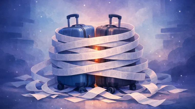 an endless coil of translucent draft pages tightening around two suitcases that cannot roll forward The Double-Packed Dilemma