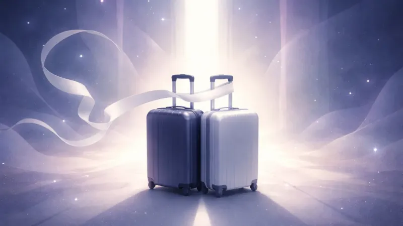 one straight paper band replacing the chaotic coil as the suitcases align into a single direction The Calm Carry