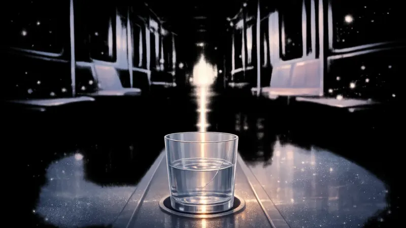 the glass aligned with a single forward-running pulse line while the remaining lights recede into background hush The Measured Reset