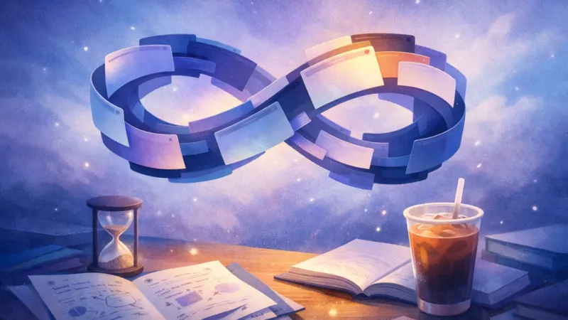 a figure-eight loop of half-open browser tabs hovering mid-switch The Tab-Switch Spiral