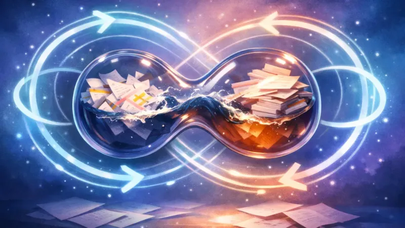 a figure-eight vessel caught in a halo of identical refresh-like loops that keep the contents oscillating The Infinite Replan Loop