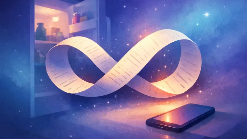 a receipt strip curling into an infinity loop beside a glowing phone The Receipt Mirror Moment