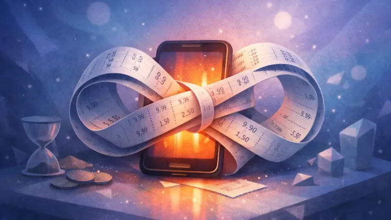 an infinity-loop receipt ribbon cinched around a glowing phone, endlessly reprinting the same totals The Infinity of Small Orders