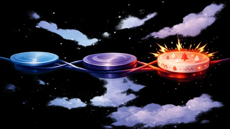 an infinity ribbon tightened into a tightrope under three spinning plates, one plate strobing with alarm pulses The Alarm Tightrope