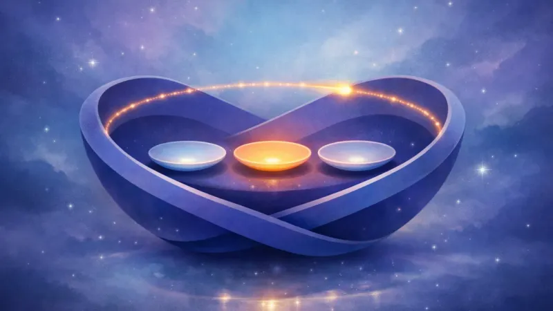 three plates resting inside a bowl-shaped infinity ribbon while a single slow pulse circles the rim The Bowl That Holds