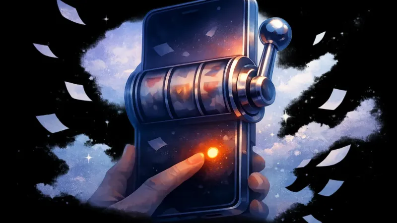 a chrome slot-machine lever fused to a smartphone The Story-Scoreboard Reflex