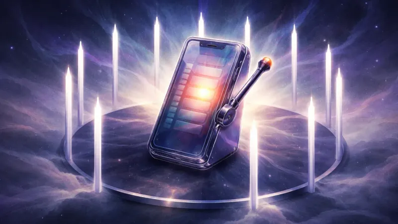 a chrome lever-stylus frozen mid-pull inside a perfect ring of blade-thin bars The Reassurance Lever Trap