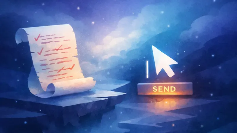 a blinking cursor hovering just before “Send” The First-Week Impostor Loop