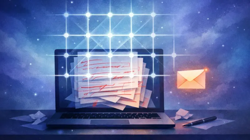 an over-edited draft smothered by a cold checkbox grid while an unsent message hovers nearby The Performance Week