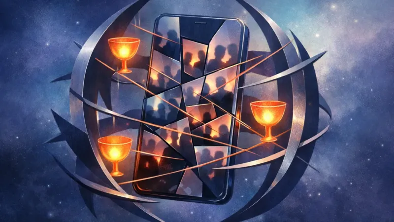 mirrored social tiles repeating around a caged phone screen The Proof Cage