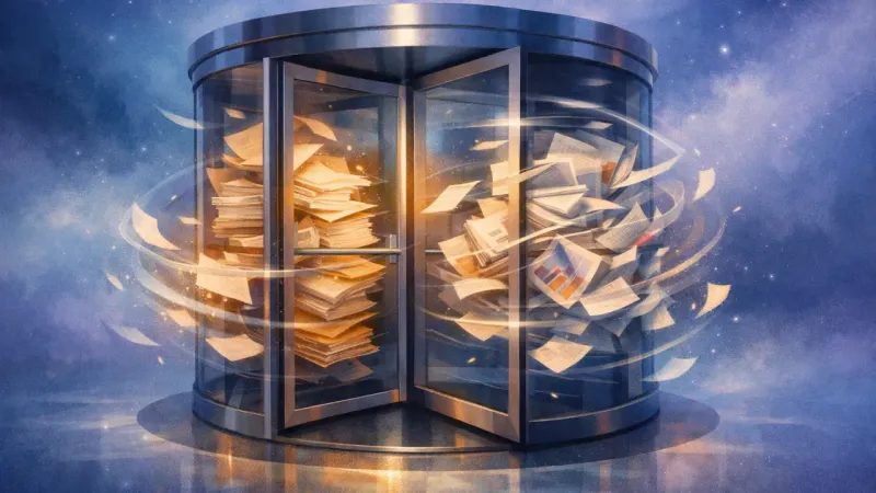 paperwork trapped and churned inside a nonstop revolving door The Spinning Threshold