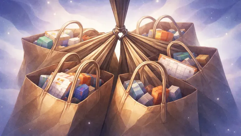 many bag handles forced through one tiny loop, creasing and biting into the paper The One‑Trip Bind