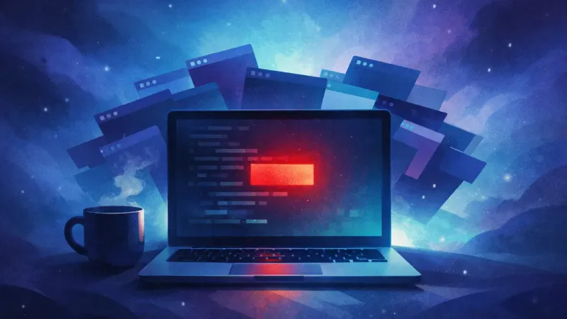 a single stark error-block glowing amid an unruly fan of tabs The 1 a.m. Debug Spiral