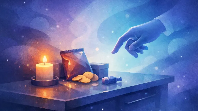 a lit candle beside unopened snacks under a phone’s blue glow When Your Place Becomes the Default