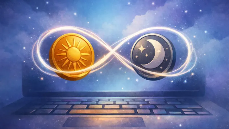 a glowing figure-eight loop suspending two coins midair above a keyboard The RTO Spiral