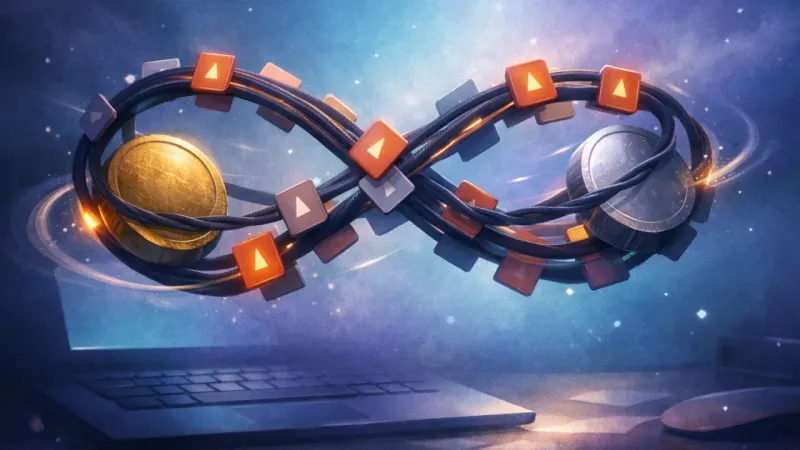 two heavy coins whipped around a figure-eight tether as new badge-like tiles keep snapping onto it The Infinite Juggle