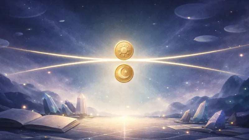 the figure-eight tether tightened into a single clear axis that holds both coins steady The Chosen Axis