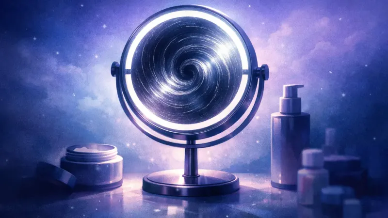 ring-light glare catching spiral polish marks on a magnifying mirror The Not-Enough Glare