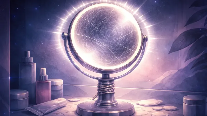 a magnifying mirror ringed by tally-like glare, its glass etched with obsessive swirl marks The Mirror That Never Stays Clear