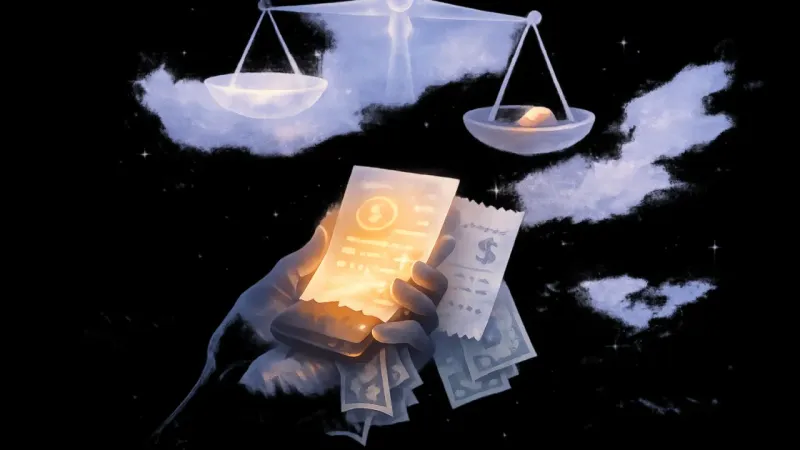 a faint balance scale hovering above a glowing phone screen The Invisible Tab