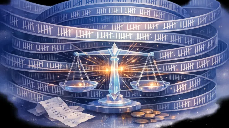 a perfectly level scale trembling under multiplying ledger lines that cancel any decisive tilt The Public Scoreboard