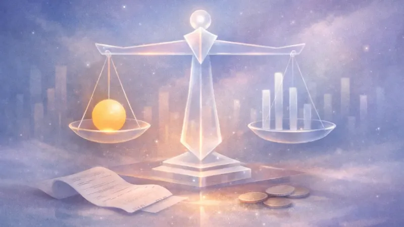 one steady counterweight guiding the scale while the other measures fade into faint background marks The Long Arc of Reciprocity