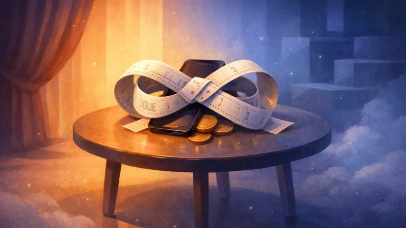 a tight infinity-loop receipt ribbon cinching a phone and coins in mid-audit The Loop That Keeps the Vibe ‘Easy’