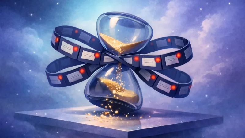 an hourglass cinched by an infinity loop of notification tiles that keeps it flipping The On-Call Hourglass