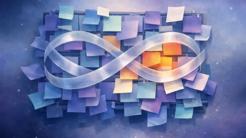 an infinity-loop tape binding a crowded sticky-note grid into perpetual micro-shifts The Wall That Won’t Settle