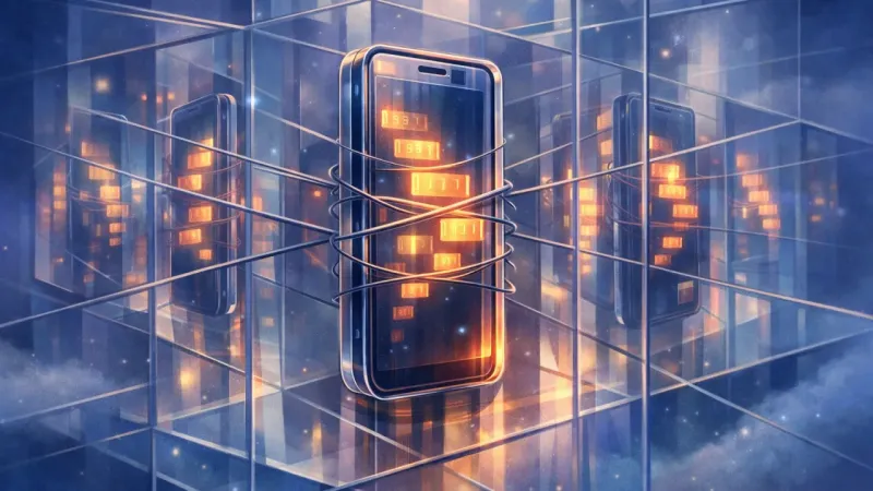 a luminous transaction stream that repeats into glass-on-glass reflections, turning visibility into a sealed loop The Echoing Public Feed