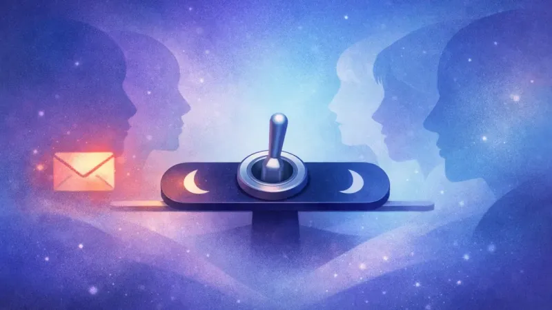 a toggle frozen in the exact midpoint as ghostlike profile-reflections gather The RSVP Hover