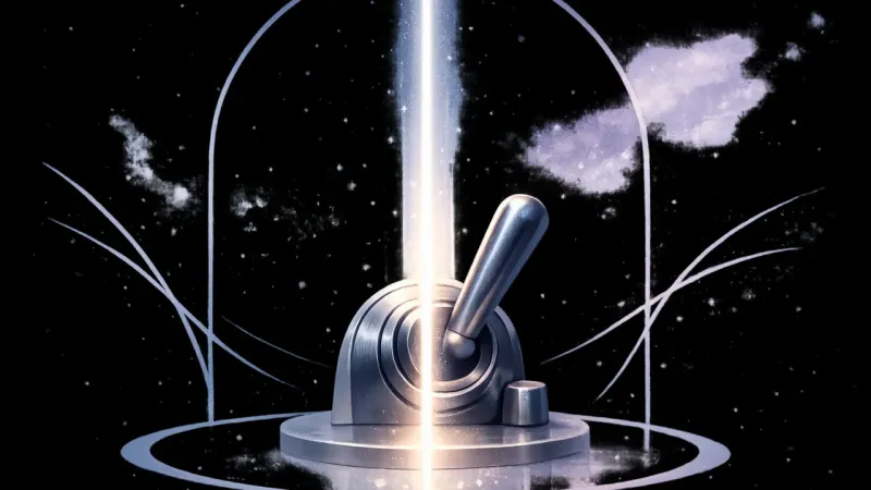 a single luminous axis-line stabilizing the lever’s chosen side The Grounded Click