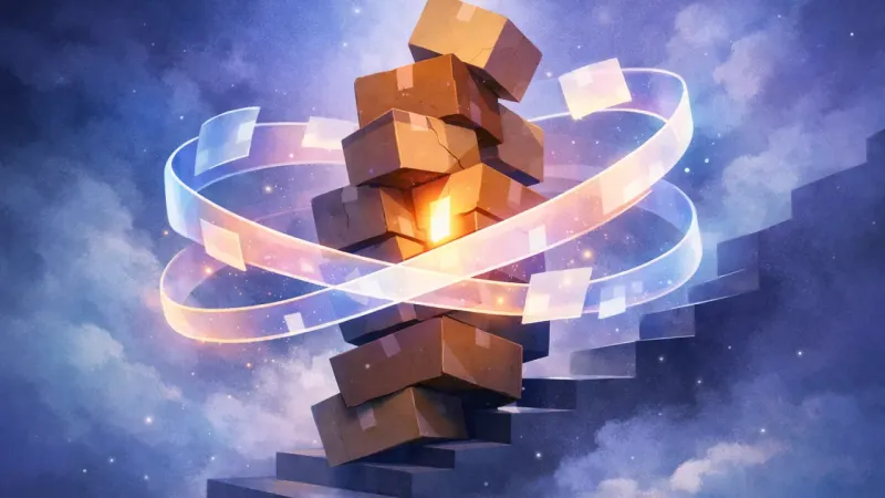 a wobbling box stack cinched by a luminous infinity ribbon of app-like fragments When a Win Feels Like a Trap