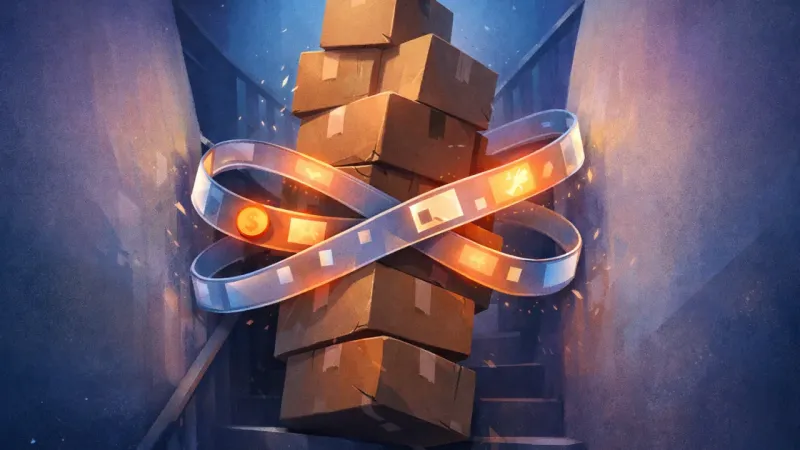 a glowing infinity ribbon of screen-fragments cinching a swaying box stack in a too-narrow stairwell The Stairwell of Split Attention