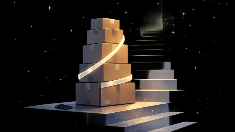 an infinity-loop of screen-fragments resolving into one supportive strap as the boxes pause on a landing The Pacing Platform