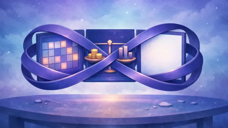 three equally bright panes bound by a perfectly balanced infinity loop that forces endless cycling The Symmetry of Too Many Priorities