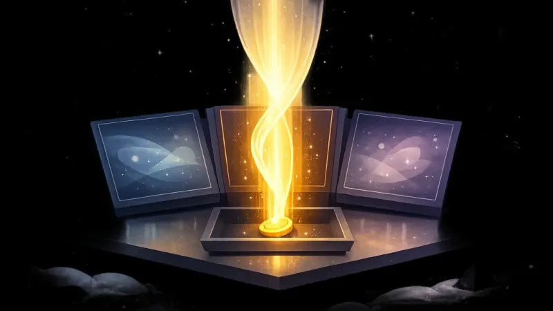 one bright panel channeling into a single grounded coin-token while the other panels fade to quiet reference The Chosen Next Step