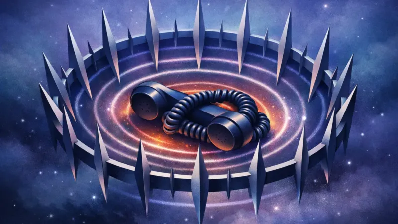 a coiled handset immobilized inside a perfectly even ring of blade-like prongs as the buzz-wave tightens inward The Silence at the Perimeter