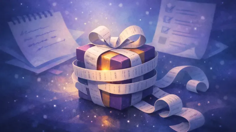 a receipt strip wrapping a gift like a tightening measuring tape The Debt Reflex