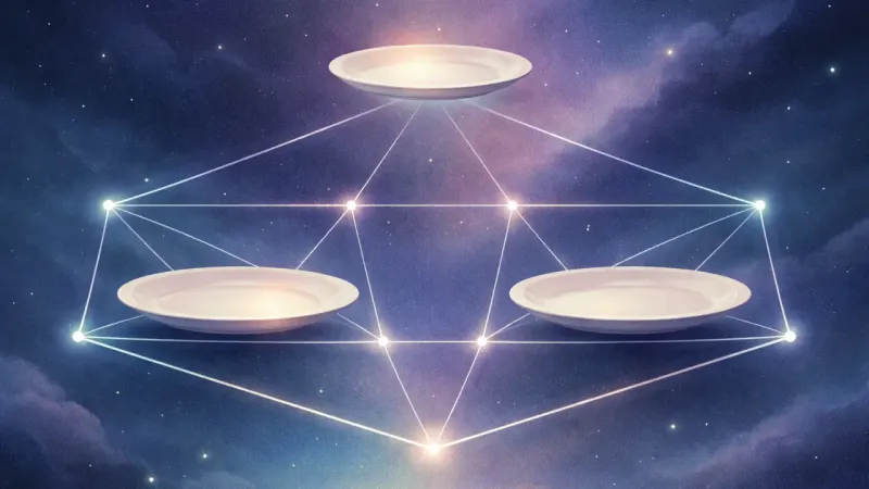 a flawless, symmetric web of tension keeping two plates perfectly level while a third plate hangs just beyond reach The Perfectly Level Trap